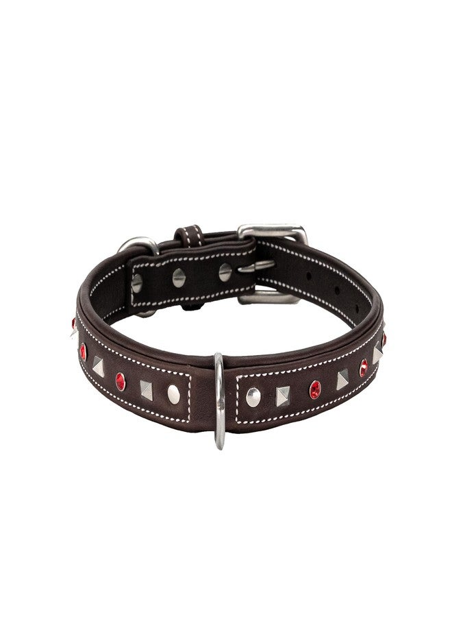 ADIL'S Premium Brown Leather Dog Collar with Red Crystal & Silver Square Studs - 1in Width - Secure Metal Buckle & D-Ring - Adjustable Fit 12"-26" Neck Size for Small to Large Breeds, 66 x 30 cm - Image 1